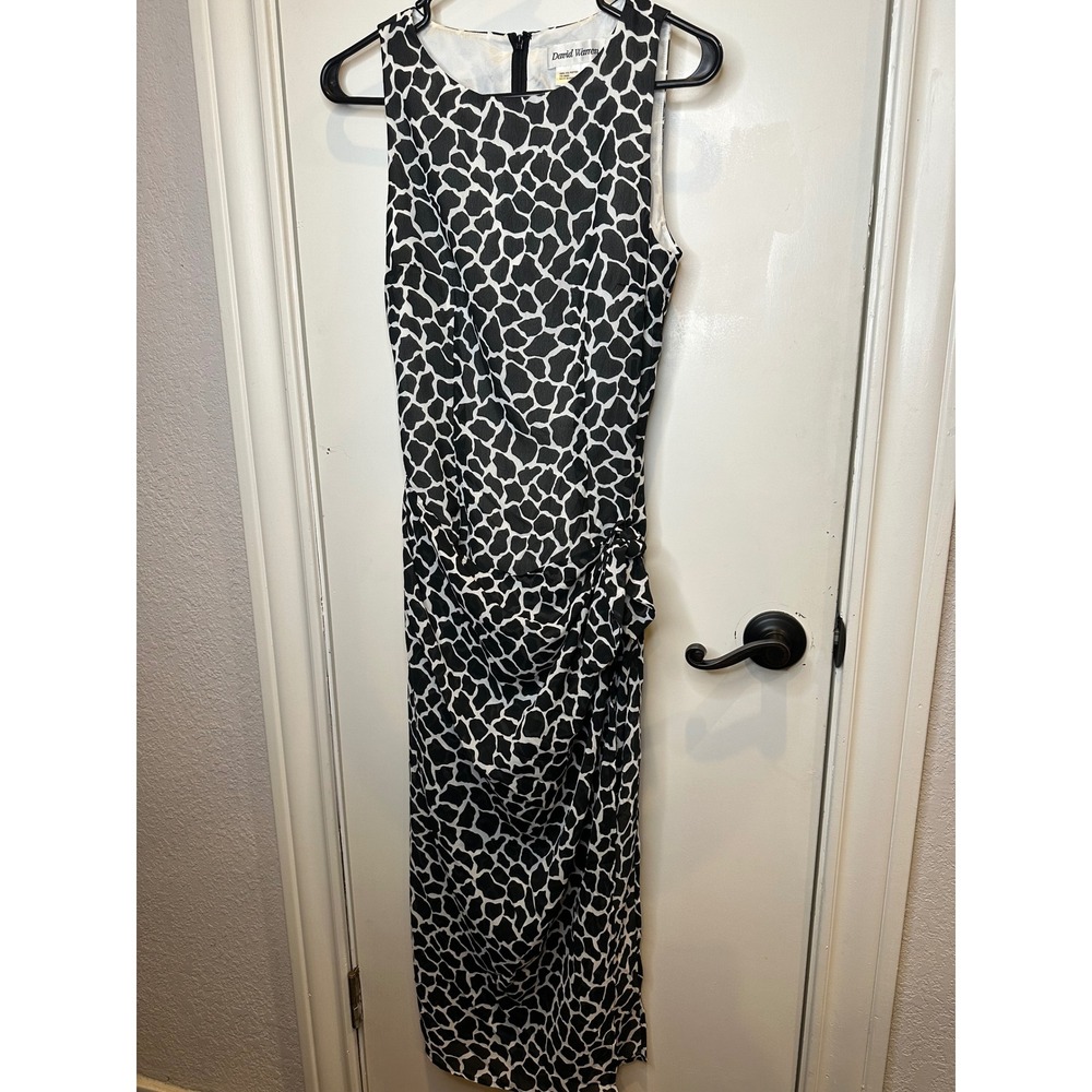 David Warren Womens Giraffe Print Ruched Midi Sheath Dress Black White 4
